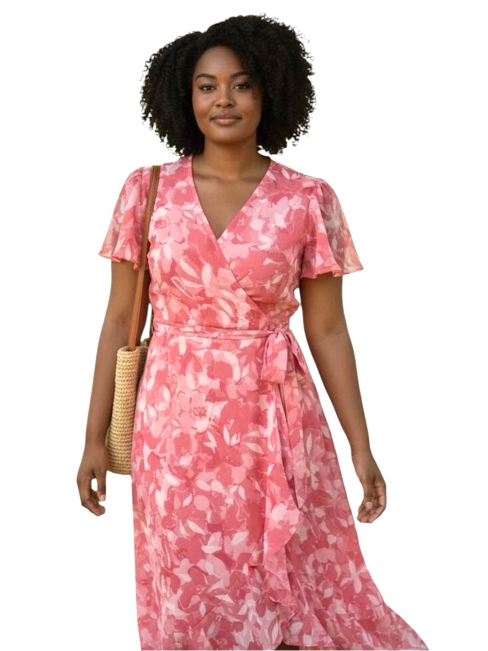 Leslie Fay Wrap Maxi Dress‎ Ruffle, Flutter Sleeves, Coral Pink Floral, Size 14